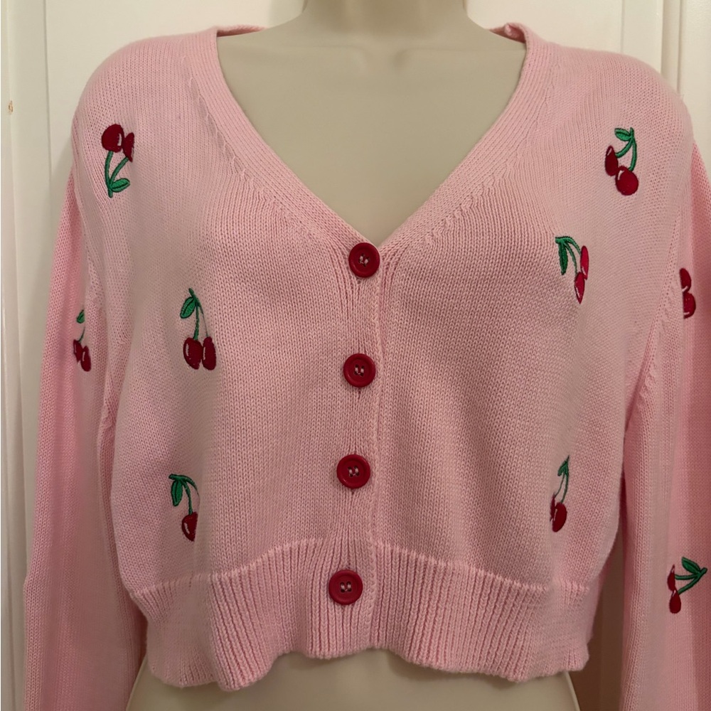 Cherry Embroidered Cardigan in Soft Pink